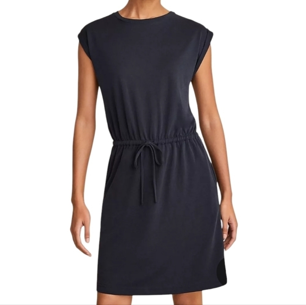 Loft | Women's Black Sandwashed Drawstring Short Sleeve Pocket Dress (Size XL)